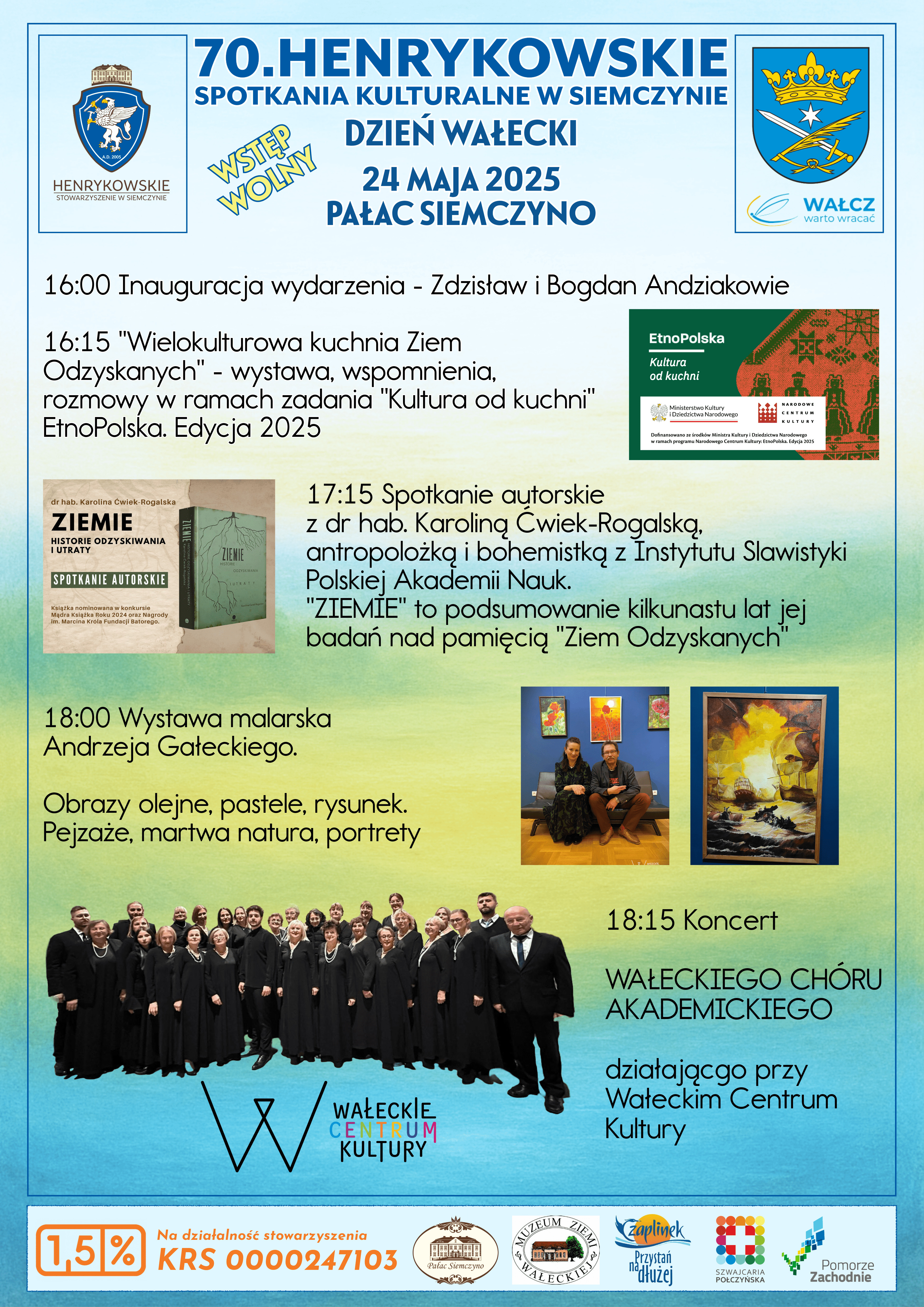 Niebieska grafika informuje o&nbsp;siedemdziesiątym Henrykowskim Spotkaniu Kulturalnego w&nbsp;Siemczynie. Wydarzenie odbędzie się 24 maja 2025r. w&nbsp;Pałacu w&nbsp;Siemczynie (wstęp jest wolny). 