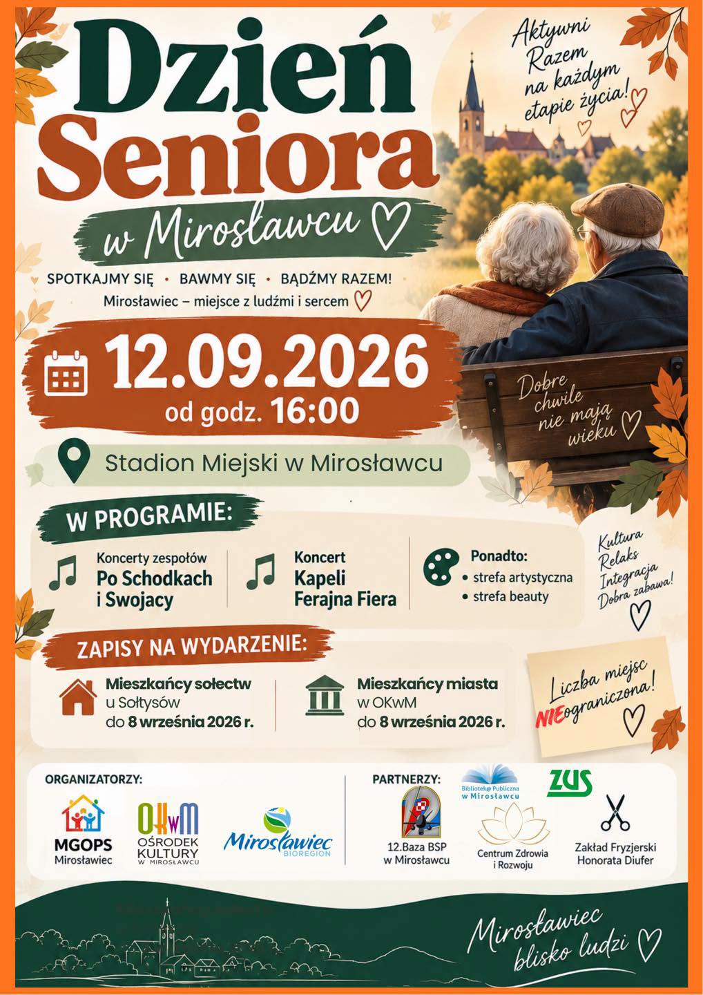 Plakat promujący Gminny Dzień Seniora. U g&oacute;ry widnieje hasło &bdquo;Serdecznie zapraszamy Senior&oacute;w 60+ do udziału w&nbsp;Gminnym Dniu Seniora&rdquo;. Po prawej stronie znajduje się fotografia uśmiechniętej starszej kobiety i&nbsp;starszego mężczyzny.  Na plakacie podano szczeg&oacute;ły wydarzenia: 12 września 2026 r., Stadion Miejski w&nbsp;Mirosławcu, godziny 16:00&ndash;20:00.  W programie zapowiedziano ciekawy program artystyczny, ciepły posiłek, coś słodkiego oraz&nbsp;transport w&nbsp;obie strony. Plakat utrzymany jest w&nbsp;jasnej, pogodnej kolorystyce z&nbsp;motywami kwiat&oacute;w i&nbsp;liści.