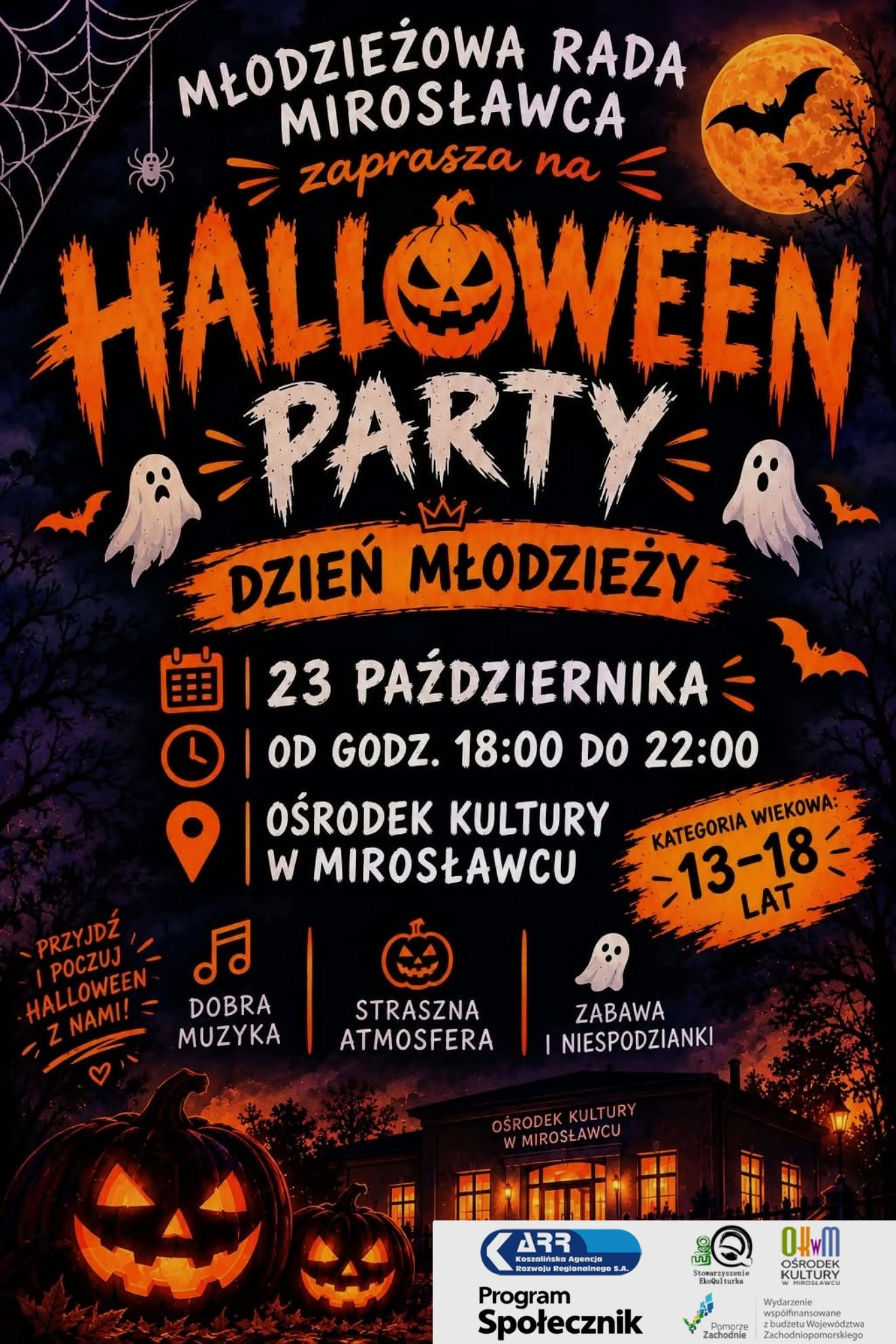 Plakat promujący Halloween Party organizowane przez Młodzieżową Radę Miasta Mirosławiec z&nbsp;okazji Dnia Młodzieży. Impreza odbędzie się 23 października w&nbsp;godzinach 18:00&ndash;22:00 w&nbsp;Ośrodku Kultury w&nbsp;Mirosławcu i&nbsp;jest przeznaczona dla młodzieży w&nbsp;wieku 13&ndash;18 lat. Plakat utrzymany jest w&nbsp;halloweenowej stylistyce, z&nbsp;motywami dyni, duch&oacute;w, nietoperzy, pająka i&nbsp;księżyca. W programie dobra muzyka, straszna atmosfera, zabawa i&nbsp;niespodzianki.