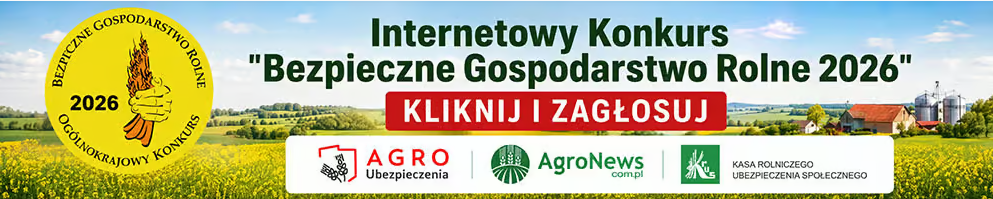 Grafika Internetowy Konkurs "Bezpieczne Gospodarstwo Rolne 2026". Biały napis na&nbsp;czerwonym tle Kliknij i&nbsp;Zagłosuj. Pod tekstem logotypy AGRO Ubezpieczenia, AgroNews.com.pl, Kasa Rolniczego Ubezpieczenia Społecznego. 