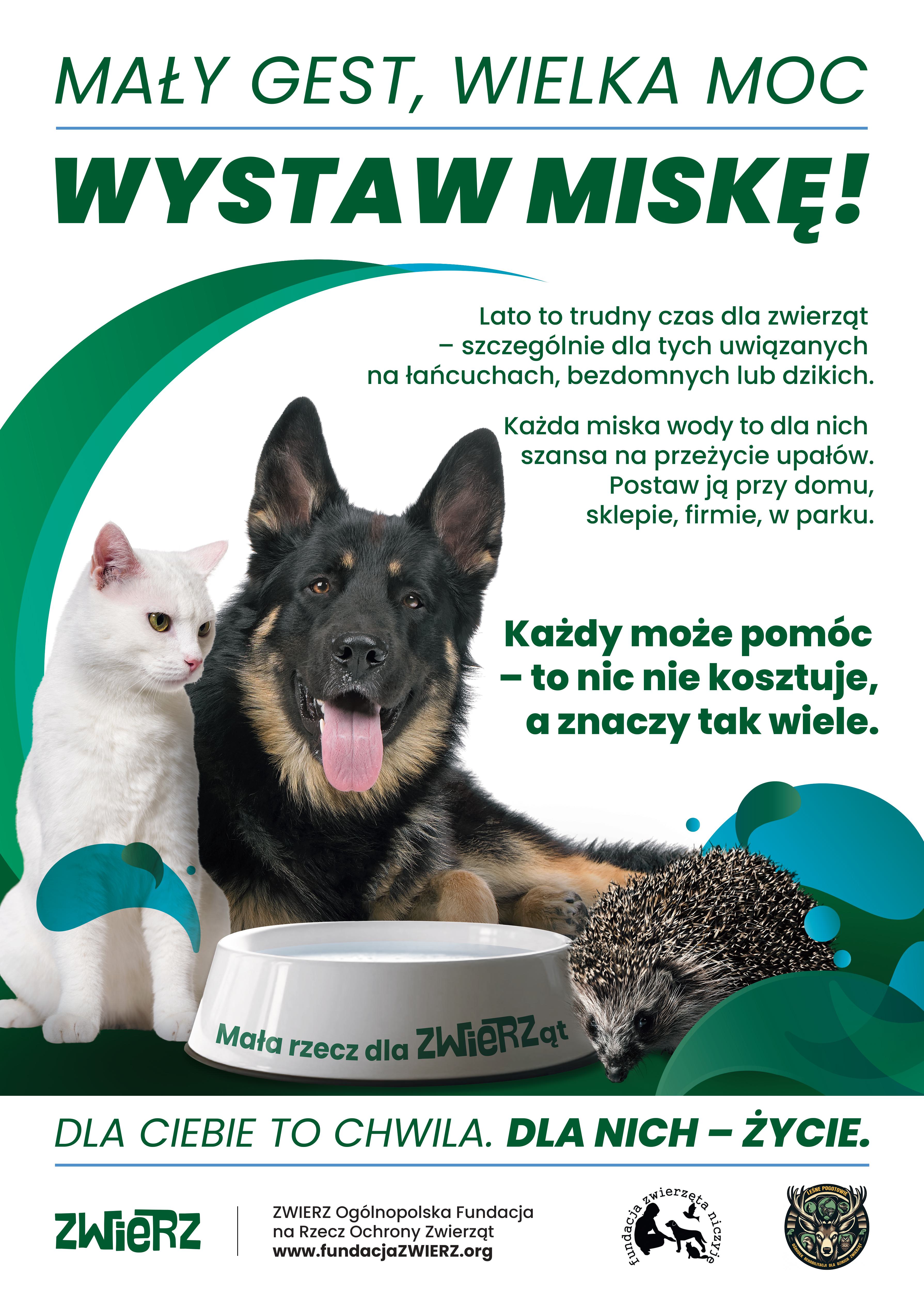 Plakat społeczny zachęcający do wystawiania misek z&nbsp;wodą dla zwierząt podczas upał&oacute;w. Na białym tle widoczne są zdjęcia białego kota, owczarka niemieckiego i&nbsp;jeża stojących przy misce z&nbsp;wodą. U g&oacute;ry hasło: &bdquo;Mały gest, wielka moc. Wystaw miskę!&rdquo;.  Treść plakatu informuje, że&nbsp;lato jest trudnym okresem dla zwierząt, szczeg&oacute;lnie tych trzymanych na&nbsp;łańcuchach, bezdomnych oraz&nbsp;dzikich. Każda miska świeżej wody może pom&oacute;c im przetrwać wysokie temperatury. Zachęca do ustawiania pojemnik&oacute;w z&nbsp;wodą przy domu, sklepie, firmie lub&nbsp;w parku.  Na plakacie znajduje się r&oacute;wnież apel: &bdquo;Każdy może pom&oacute;c &ndash; to nic nie kosztuje, a&nbsp;znaczy tak wiele&rdquo; oraz&nbsp;hasło: &bdquo;Dla ciebie to chwila. Dla nich &ndash; życie.&rdquo;.  W dolnej części umieszczono logo organizacji ZWIERZ &ndash; Og&oacute;lnopolskiej Fundacji na&nbsp;Rzecz Ochrony Zwierząt oraz&nbsp;adres strony internetowej fundacji. Grafika utrzymana jest w&nbsp;zielono-niebieskiej kolorystyce nawiązującej do wody i&nbsp;troski o&nbsp;zwierzęta.