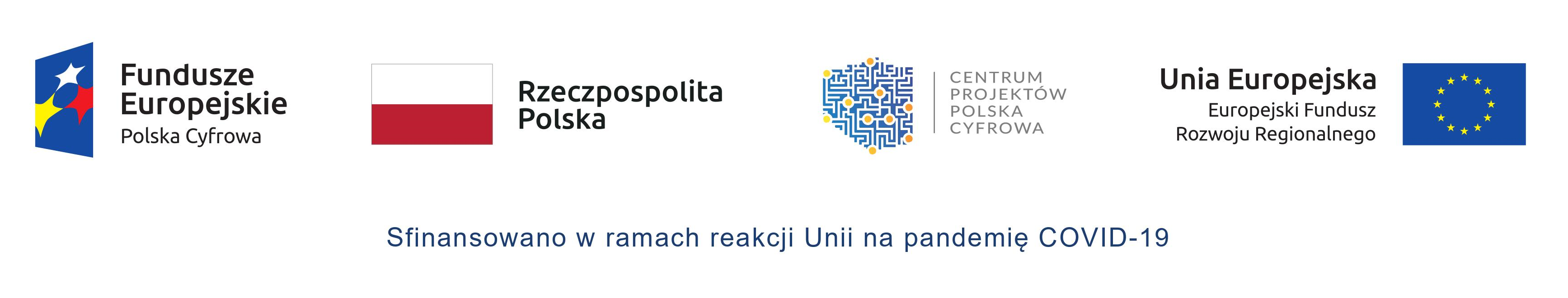 od lewej logo Fundusze Europejskie Polska Cyfrowa, flaga Reczpospolitej Polskiej, logo Centrum Projektów Polska Cyfrowa, flaga Unii Europejskiej, Europejski Fundusz Rozwoju Regionalnego