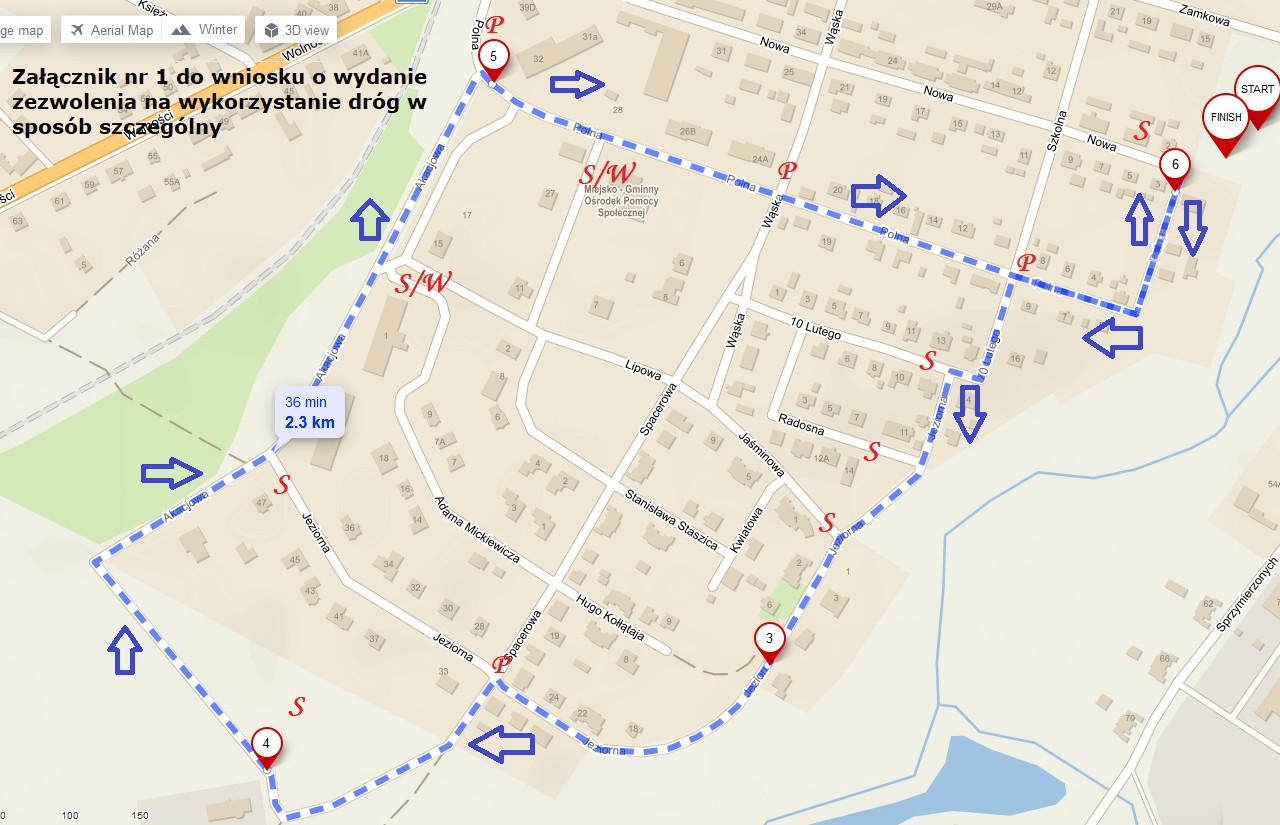 Mapka informująca o utrudnieniach ruchu dnia  11 kwietnia w godzinach 20.30 do godz. 22.00 w obrębie ulic: Zamkowa, Nowa, Polna, 10 Lutego, Jeziorna, Akacjowa, Polna, Nowa.