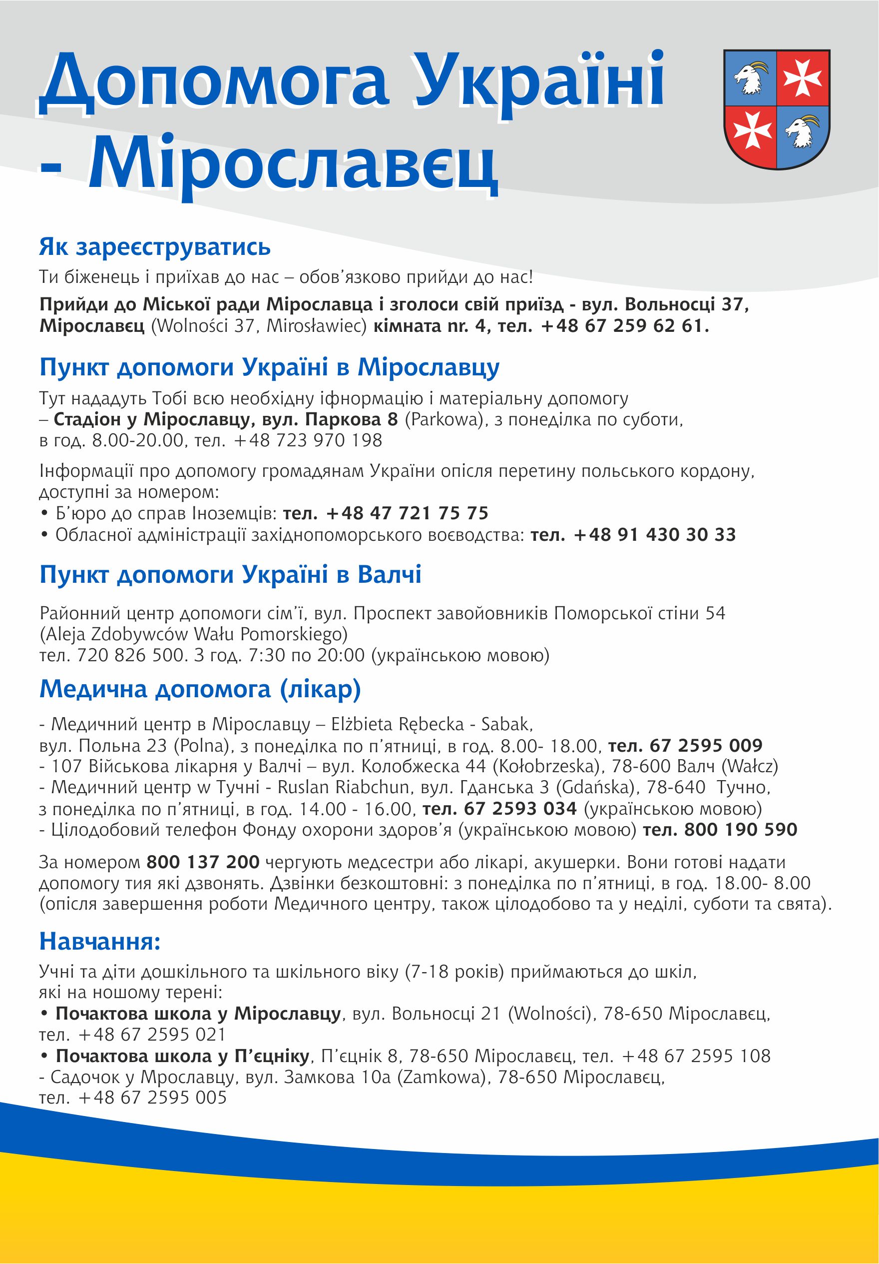 Mirosławiec pomaga Ukrainie - najważniejsze informacje w pigułce, w języku ukraińskim