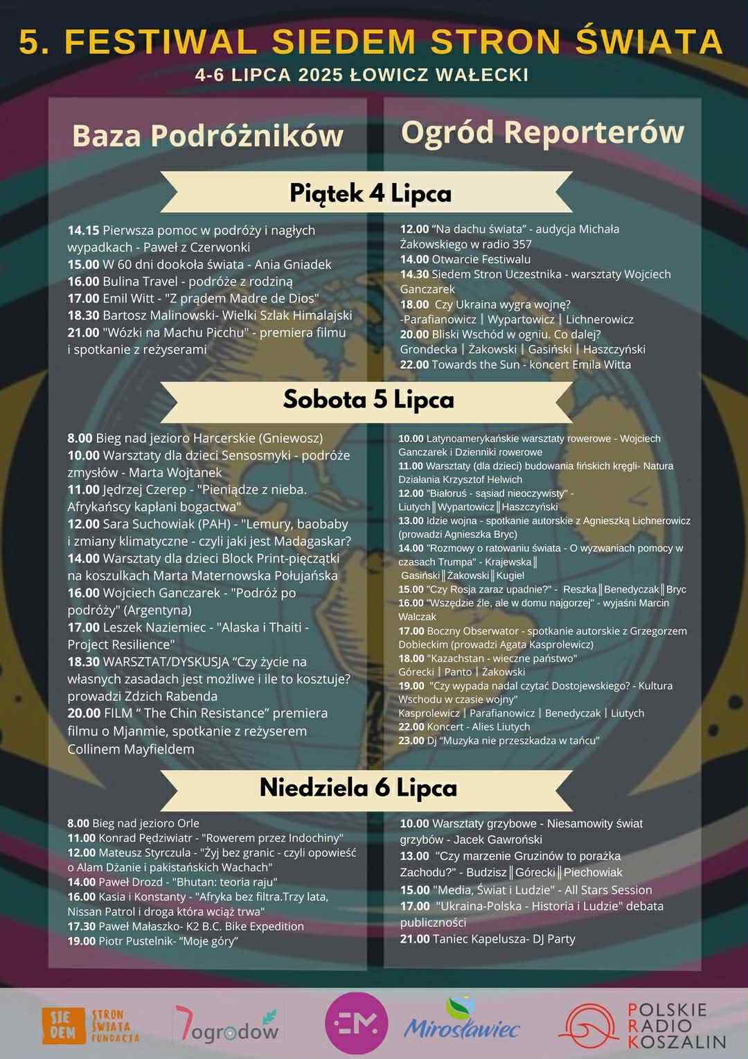 Plakat z rozpiską Festiwalu „Siedem Stron Świata”, który odbędzie się w dniach 4–6 lipca 2025 roku i będzie poświęcony tematyce podróży. Wśród gości znajdą się znani podróżnicy, m.in. Leszek Naziemiec, Jacek Gawroński oraz wielu innych.