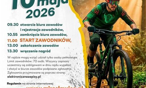 Plakat promujący „IV Rajd Rowerowy MTB Tropem Żubra”, który odbędzie się 10 maja 2026 roku w Mirosławcu. Po prawej stronie widoczny jest rowerzysta jadący na rowerze górskim przez leśną trasę, w kasku i stroju sportowym. Po lewej stronie znajdują się info
