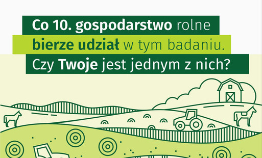 Plakat informacyjny Głównego Urzędu Statystycznego dotyczący badania „Zintegrowane statystyki dotyczące gospodarstw rolnych”. Na ilustracji widoczny jest krajobraz rolniczy z polami uprawnymi, traktorami, stodołą i zwierzętami gospodarskimi. Nagłówek brzm