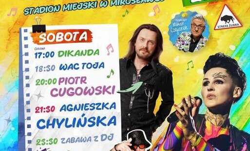 Kolorowy plakat promujący Festiwal Żubra 2026 w Mirosławcu. W centralnej części znajduje się duży napis „Festiwal Żubra 2026”, a poniżej informacja o terminie i miejscu wydarzenia: 4 lipca 2026 roku, Stadion Miejski w Mirosławcu. Program koncertów obejmuj
