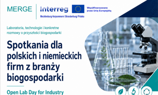 Plakat promujący wydarzenie „Open Lab Day for Industry” organizowane w ramach projektu MERGE / Pomerania BioBridge. W górnej części znajdują się logotypy projektu MERGE, programu Interreg oraz informacja o współfinansowaniu przez Unię Europejską. Po prawe