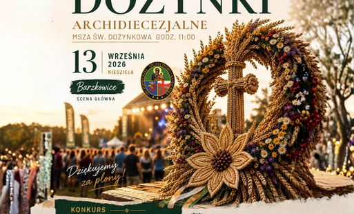 Plakat promujący Dożynki Archidiecezjalne podczas XXXVIII Barzkowickich Targów Rolnych AGRO POMERANIA. Wydarzenie odbędzie się 13 września 2026 r. w Barzkowicach. Msza Święta Dożynkowa rozpocznie się o godz. 11.00 na scenie głównej. Na plakacie widoczny j