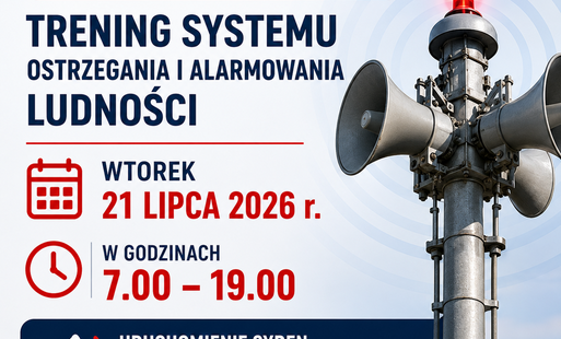 Grafika informacyjna o treningu systemu ostrzegania i alarmowania ludności. Na białym tle z czerwonym nagłówkiem „Uwaga!” znajduje się informacja, że we wtorek, 21 lipca 2026 r., w godzinach od 7.00 do 19.00 odbędzie się trening systemu ostrzegania i alar