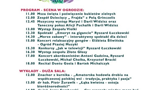 Plakat zapowiadający Święto Ziół w Siedmiu Ogrodach, które odbędzie się 15 sierpnia 2026 roku w Łowiczu Wałeckim 50. Wydarzenie rozpocznie się o godz. 11.00 Mszą Świętą i poświęceniem bukietów zielnych. Od godz. 12.00 na scenie w ogrodzie zaplanowano wyst