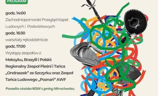 Plakat zapowiadający XXVI Światowy Przegląd Folkloru „Integracje 2026” pod hasłem „Folklor bez filtra”. Wydarzenie odbędzie się 14 sierpnia 2026 roku na Stadionie Miejskim w Mirosławcu. W przeglądzie uczestniczą zespoły z Polski, Brazylii i Meksyku.  Prog