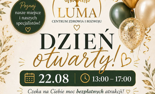 Plakat promujący Dni Otwarte Centrum Zdrowia i Rozwoju LUMA w Mirosławcu, które odbędą się **22 sierpnia w godzinach 13:00–17:00** przy **Placu Wolności 6/1 w Mirosławcu**.  Na górze plakatu znajduje się logo Centrum Zdrowia i Rozwoju LUMA oraz hasło „Poz