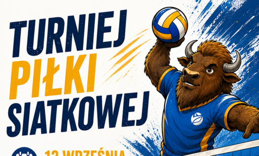 Plakat promujący Turniej Piłki Siatkowej. Po lewej stronie znajdują się informacje o wydarzeniu: turniej odbędzie się 12 września 2026 roku w godz. 10:00–15:00. Zapisy trwają do 10 września. Organizatorzy zapraszają 6-osobowe drużyny. Zgłoszenia przyjmowa