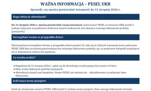 Informacja dla osób z Ukrainy posiadających numer PESEL ze statusem UKR o obowiązku potwierdzenia tożsamości