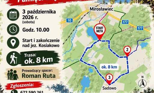 Plakat informujący o rajdzie pieszym „Szlakiem Śladów i Miejsc Pamięci Oręża Polskiego”, organizowanym w Mirosławcu 3 października 2026 roku. Rajd rozpocznie się o godz. 10.00 i zakończy nad jeziorem Kosiakowo. Trasa liczy około 8 km, a spacer poprowadzi Roman Ruta. Na plakacie znajduje się mapa trasy w okolicach Mirosławca i Sadowa oraz fotografie jeziora, lasu i miejsca pamięci. Podano numer telefonu 672 590 261 i adres e-mail promocja@miroslawiec.pl.