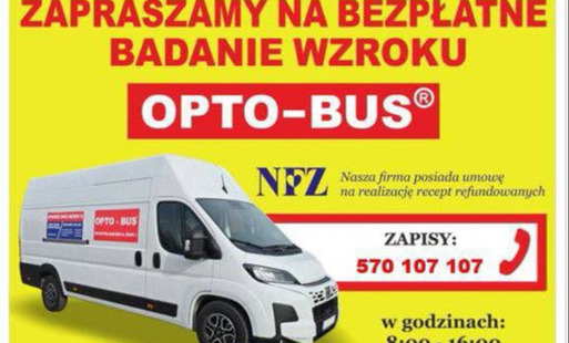 Plakat informujący o bezpłatnym badaniu wzroku OPTО-BUS w Mirosławcu. Badanie odbędzie się 7 października 2026 roku w godzinach 9:00–10:30 na parkingu przy Ośrodku Zdrowia przy ul. Polnej 23. Na plakacie znajduje się zdjęcie mobilnego busa do badań wzroku oraz informacje o zakresie badań: badaniu wad wzroku, doborze szkieł i opraw okularowych oraz możliwości zakupu różnych rodzajów okularów. Z badania mogą skorzystać osoby powyżej 15. roku życia. Obowiązują zapisy pod numerem telefonu 570 107 107, w godzinach 8:00–16:00.