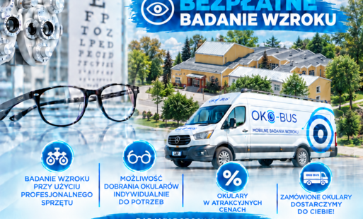 Plakat informujący o bezpłatnych badaniach wzroku mobilnego punktu OKO-BUS, które odbędą się 2 listopada 2026 r. w Ośrodku Kultury przy ul. Parkowej 1 w Mirosławcu. Badania przeznaczone są dla dorosłych i dzieci od 12. roku życia. Organizatorzy oferują profesjonalne badanie wzroku, możliwość indywidualnego doboru okularów oraz zamówienia ich z dostawą do domu. Rejestracja telefoniczna pod numerem 577 336 602. Na plakacie widoczne są urządzenia do badania wzroku, okulary oraz samochód mobilnego punktu OKO-BUS.