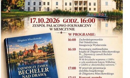  Plakat 77. Henrykowskich Spotkań Kulturalnych, które odbędą się 17 października 2026 roku o godz. 16:00 w Zespole Pałacowo-Folwarcznym w Siemczynie. W programie inauguracja Zachodniopomorskich Dni Dziedzictwa, prezentacja multimedialna książki Zbigniewa Mieczkowskiego „Tajemniczy zamek Becheler nad Drawą” oraz koncert zespołu Marianki z okazji 15-lecia działalności. Plakat przedstawia pałac w Siemczynie, okładkę książki oraz zdjęcie zespołu Marianki podczas występu. Wstęp wolny.
