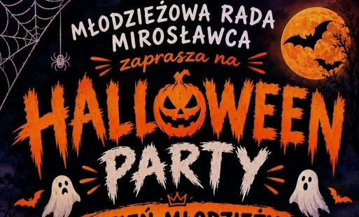 Plakat promujący Halloween Party organizowane przez Młodzieżową Radę Miasta Mirosławiec z okazji Dnia Młodzieży. Impreza odbędzie się 23 października w godzinach 18:00–22:00 w Ośrodku Kultury w Mirosławcu i jest przeznaczona dla młodzieży w wieku 13–18 lat. Plakat utrzymany jest w halloweenowej stylistyce, z motywami dyni, duchów, nietoperzy, pająka i księżyca. W programie dobra muzyka, straszna atmosfera, zabawa i niespodzianki.